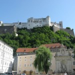 View of Salzburg Castle from square beside Salzburg Dom