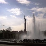 View from side of fountain and red army soldier at the Soviet Memorial in Vienna