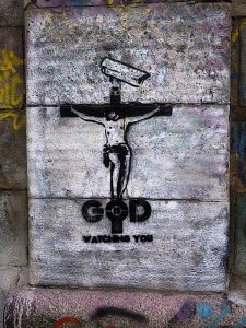 God is Watching You graffiti, Donaukanal, Vienna, Austria, 2014