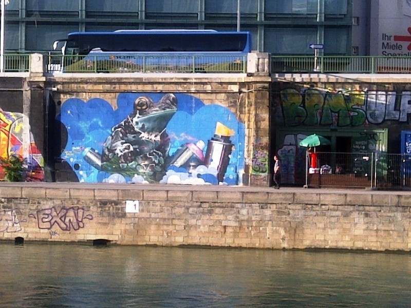 Frog, graffiti, from across Donaukanal, Vienna, Austria, 2014