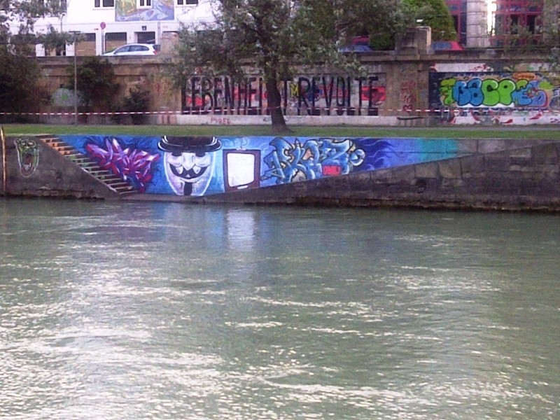 Guy Fawkes, graffiti, Donaukanal, Vienna, Austria, 2014