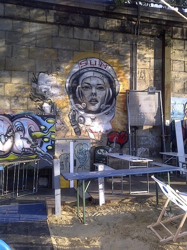 Sun female astronaut, graffiti, Donaukanal, Vienna, Austria, 2014